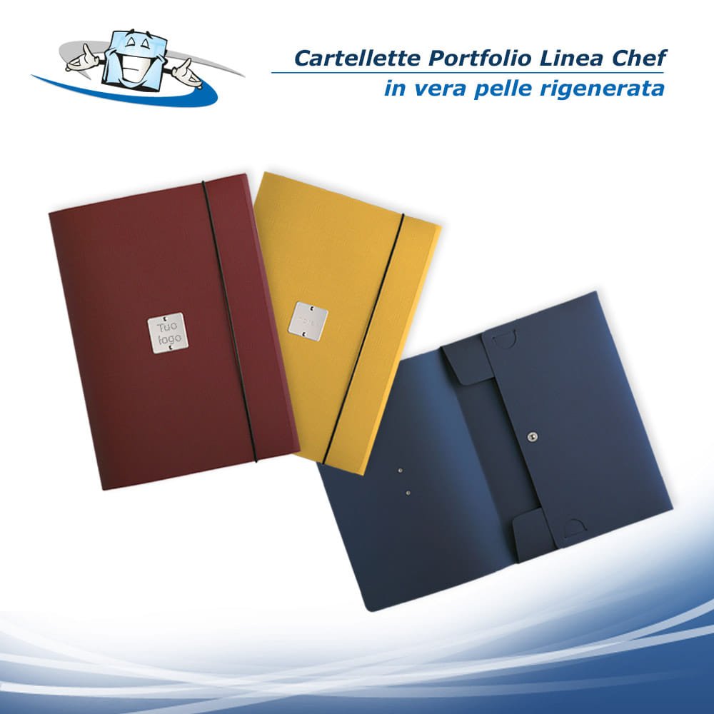 Linea Chef - Cartellette Portfolio disponibili in 2 formati in vera pelle rigenerata con etichetta personalizzabile