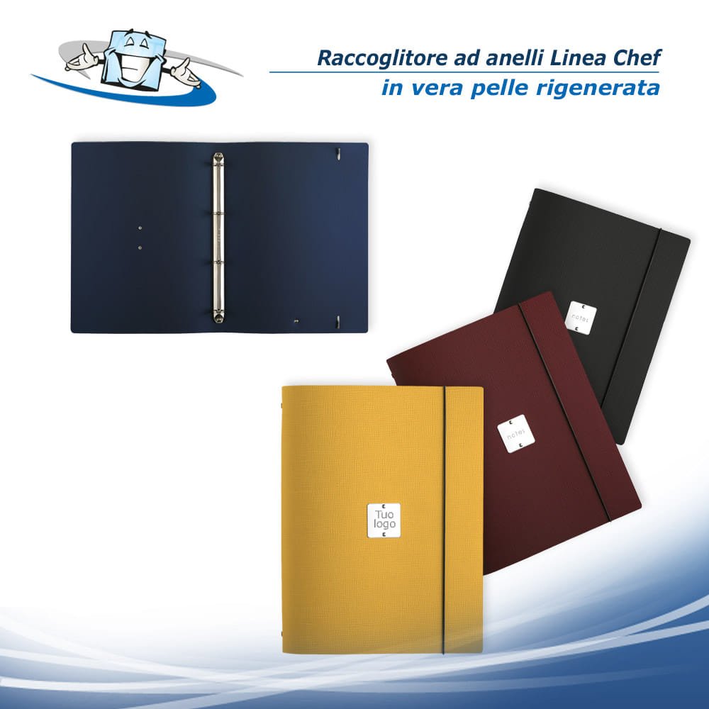 Linea Chef - Raccoglitore Folder ad anelli in diversi colori in vera pelle rigenerata con etichetta personalizzabile