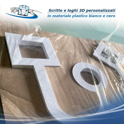Scritte e loghi 3D personalizzati prespaziati e sagomati, in materiale plastico bianco o nero - dima