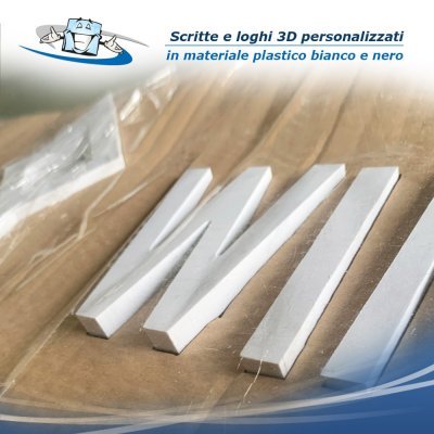 Scritte e loghi 3D personalizzati prespaziati e sagomati, in materiale plastico bianco o nero - dima