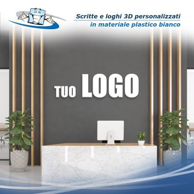 Scritte e loghi 3D personalizzati prespaziati e sagomati, in materiale plastico bianco