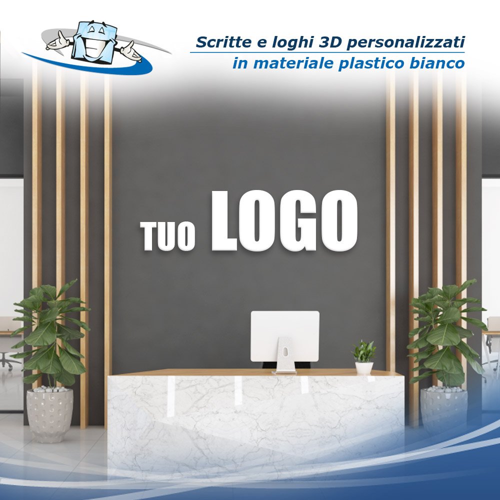 Scritte e loghi 3D personalizzati prespaziati e sagomati, in materiale plastico bianco
