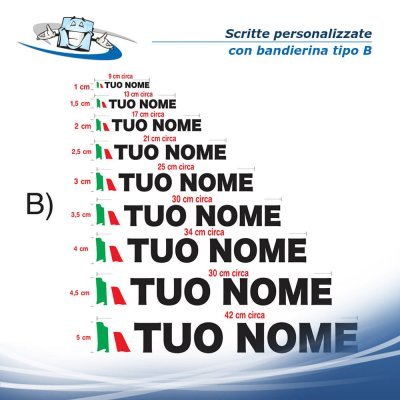 N. 2 pz. Scritte adesive prespaziate senza fondo in vinile colorato personalizzate con bandiera dell'Italia