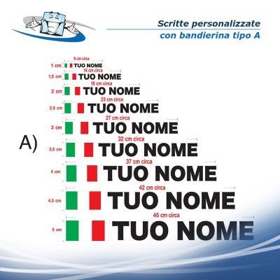 N. 2 pz. Scritte adesive prespaziate senza fondo in vinile colorato personalizzate con bandiera dell'Italia