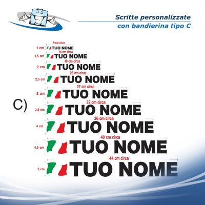 N. 2 pz. Scritte adesive prespaziate senza fondo in vinile personalizzate con colori speciali e bandiera dell'Italia