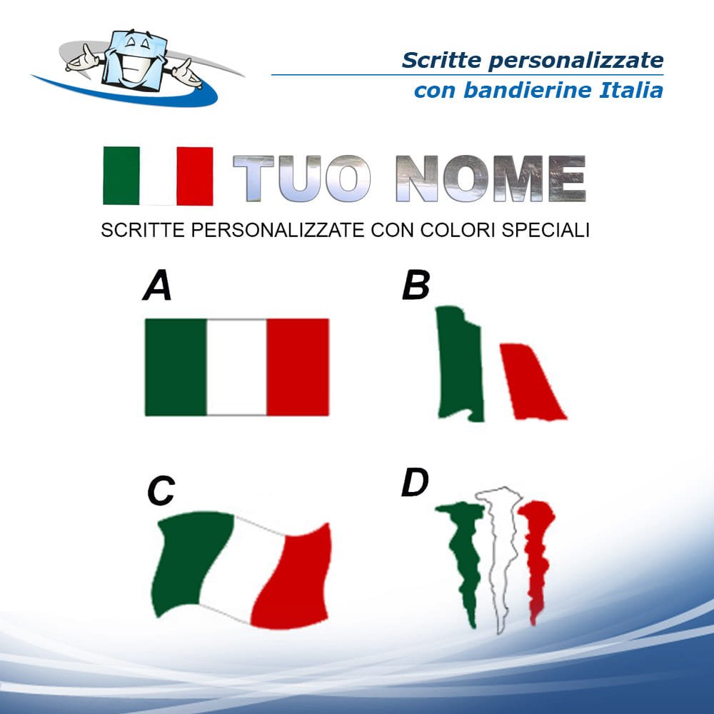 N. 2 pz. Scritte adesive prespaziate senza fondo in vinile personalizzate con colori speciali e bandiera dell'Italia