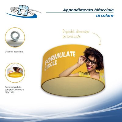 Appendimenti sospesi in alluminio mono o bifacciale per fiere e mostre in varie forme e dimensioni con personalizzazione inclusa