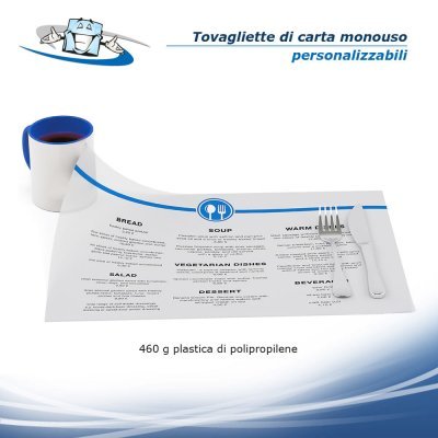 Tovagliette di carta monouso personalizzabili con logo e slogan vari formati e materiali - 460 g plastica di polipropilene
