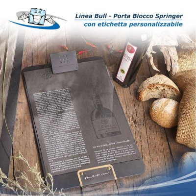 Linea Bull - Porta blocco Springer con molla ferma fogli in vera pelle rigenerata con etichetta patch menu