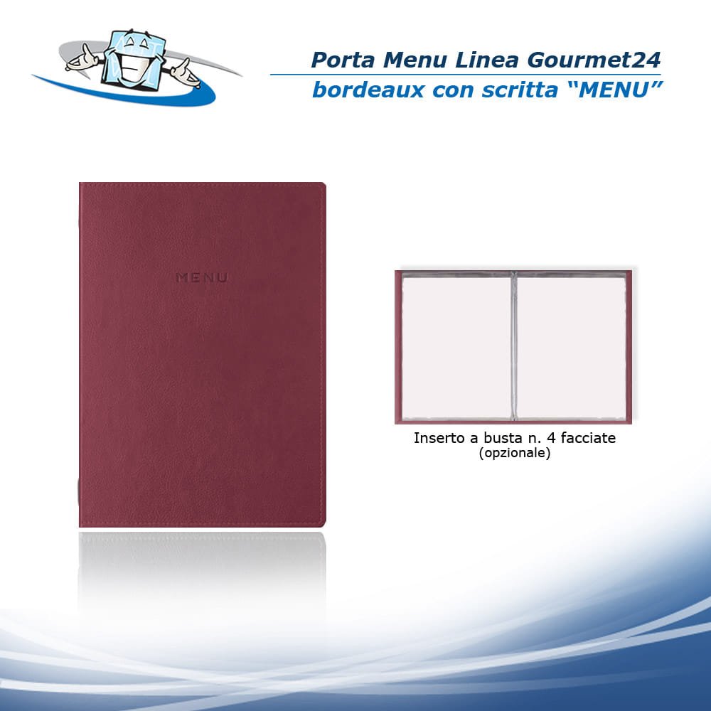 Linea Gourmet24 - Porta menu GOLFO (L 16,3 x H 23,4 cm) personalizzabile rivestito in ecopelle - bordeaux con scritta menu