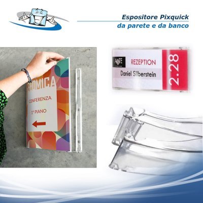 Pixquick - Espositore monofacciale porta informazioni e opuscoli curvo da parete o da banco in vari formati