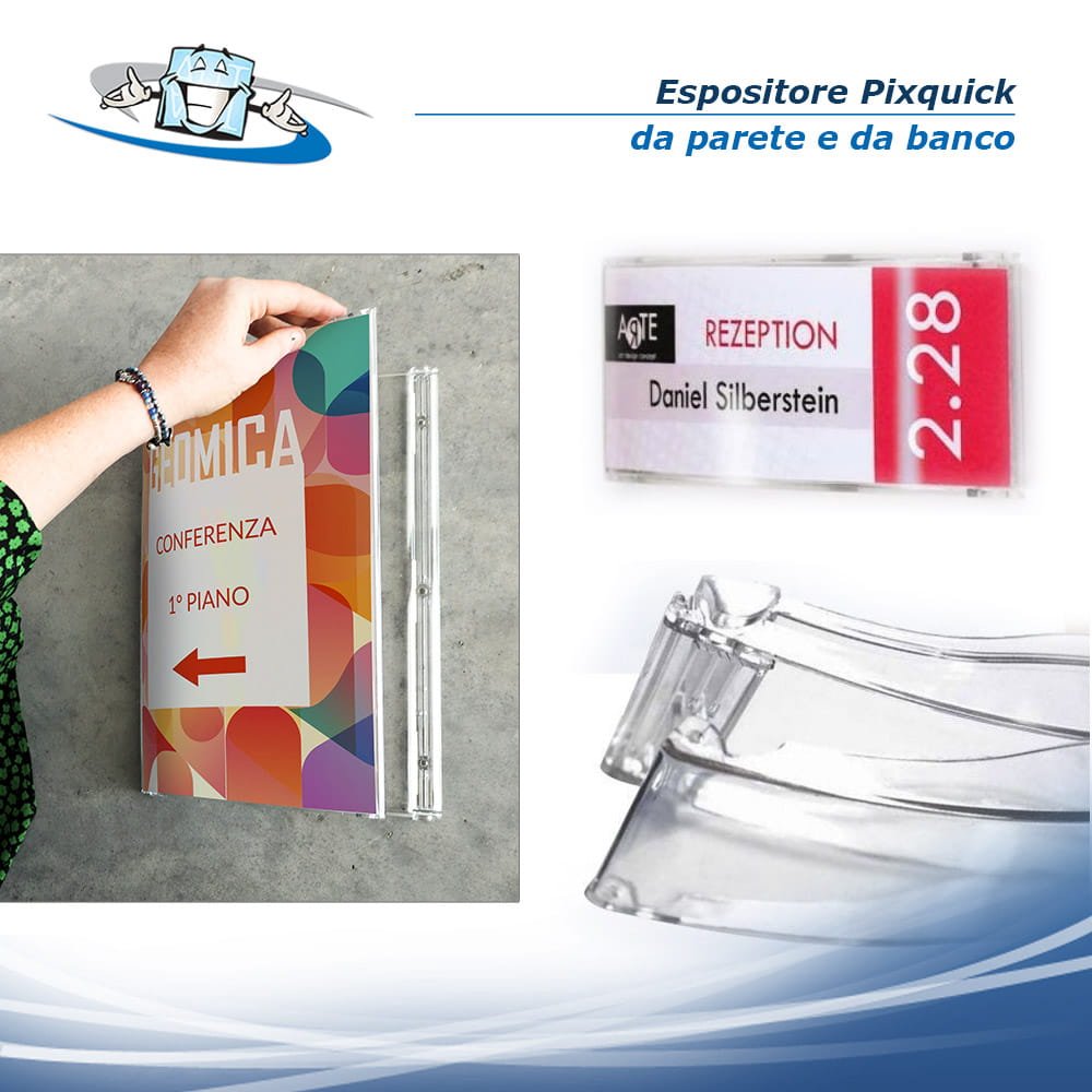 Pixquick - Espositore monofacciale porta informazioni e opuscoli curvo da parete o da banco in vari formati