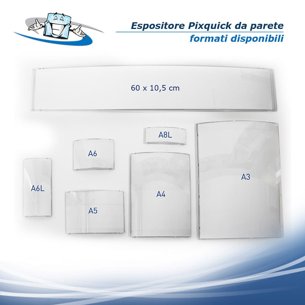 Pixquick - Espositore monofacciale porta informazioni e opuscoli curvo da parete in vari formati