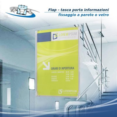 Flap tasca porta informazioni in diversi formati personalizzabile per superfici lisce o vetro