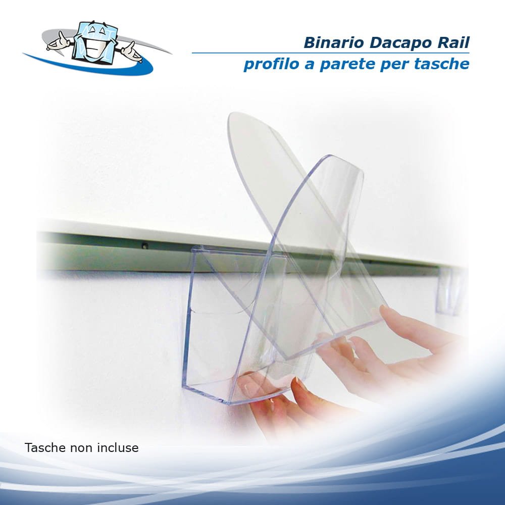 Dacapo Rail - Profilo a parete per agganciare tasche portadepliant, porta poster in diverse misure