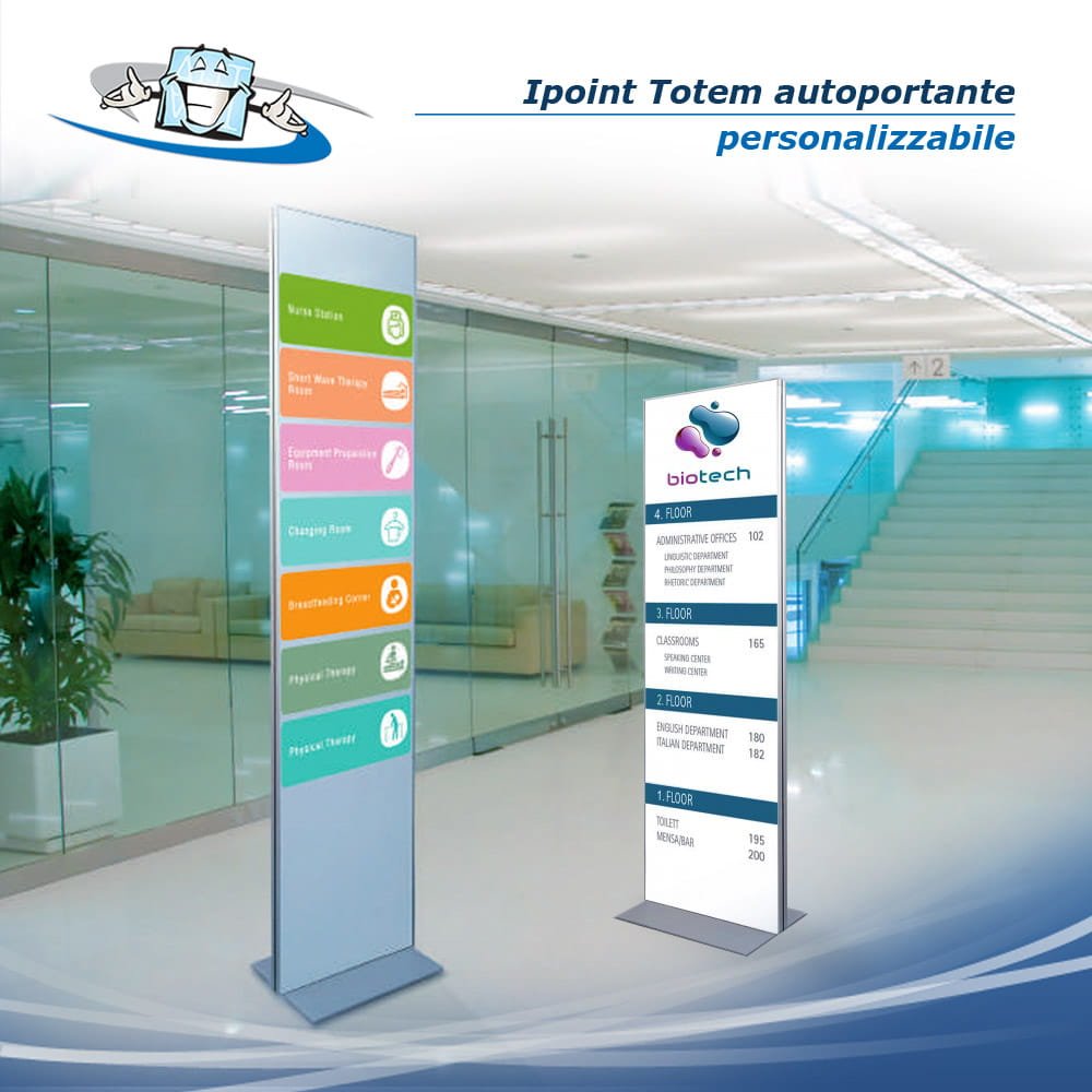 Ipoint - Totem autoportante personalizzabile monofacciale o bifacciale utilizzabile come pannello segna piani o pubblicitario