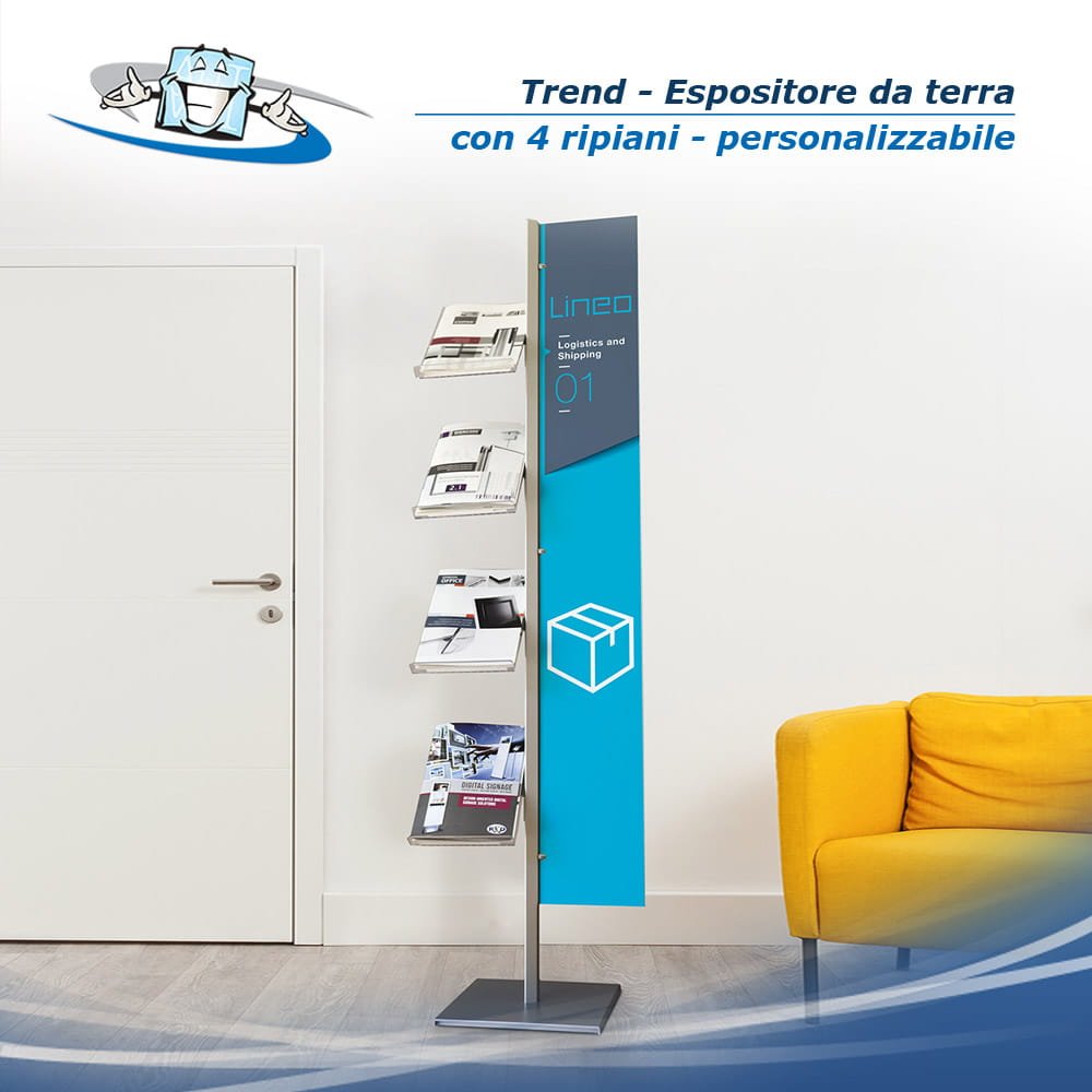 Trend - Espositore autoportante da terra con 4 ripiani e pannello personalizzabile