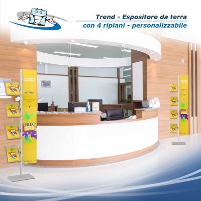 Trend - Espositore autoportante da terra con 4 ripiani e pannello personalizzabile