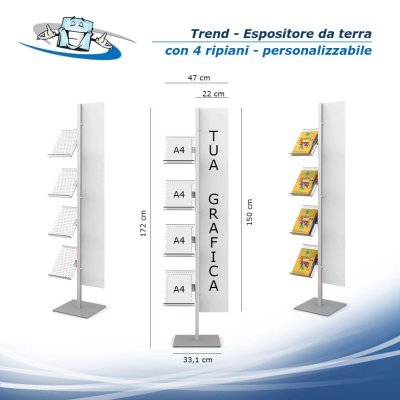 Trend - Espositore autoportante da terra con 4 ripiani e pannello personalizzabile