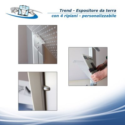 Trend - Espositore autoportante da terra con 4 ripiani e pannello personalizzabile